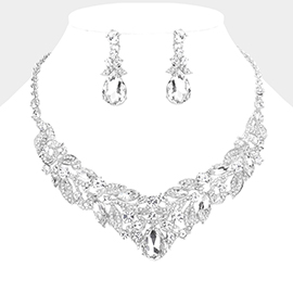 Teardrop Stone Accented Leaf Cluster Evening Necklace