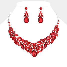 Teardrop Stone Accented Leaf Cluster Evening Necklace
