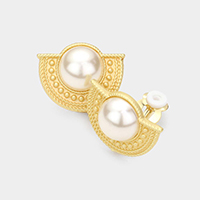 Pearl Accented Half Round Metal Clip On Earrings