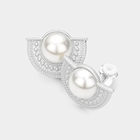 Pearl Accented Half Round Metal Clip On Earrings