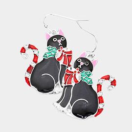 Enamel Christmas Cat Dangle Earrings