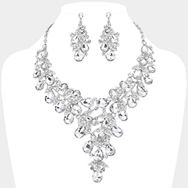 Leaf Teardrop Stone Cluster Statement Evening Necklace