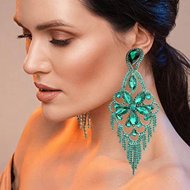Marquise Stone Flower Accented Chandelier Evening Earrings