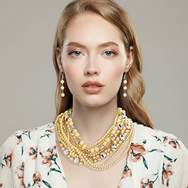 Oval Stone Pointed Multi Layered Pearl Choker Necklace