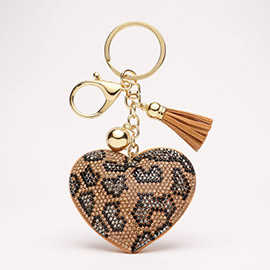 Leopard Patterned Bling Heart Tassel Keychain