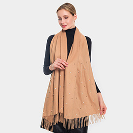Pearl Embellished Solid Fringe Oblong Scarf