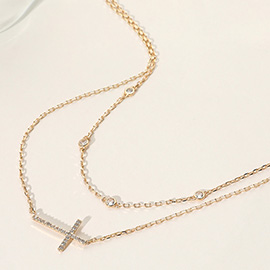 Secret Box_Round Stone Station Cross Pendant Double Layered Necklace