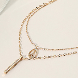 Secret Box_Rhinestone Peace Sign Bar Pendant Double Layered Necklace