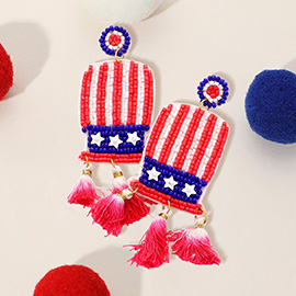 Fabric Back American USA Flag Seed Beaded Hat Triple Ombre Tassel Link Dangle Earrings