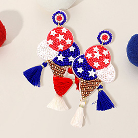Fabric Back American USA Flag Seed Beaded Ice Cream Triple Tassel Link Dangle Earrings