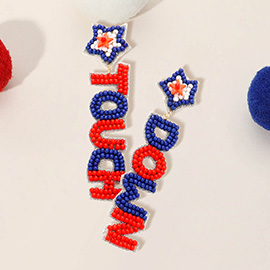 Felt Back American USA Flag Seed Beaded Star Touch Down Message Dangle Earrings