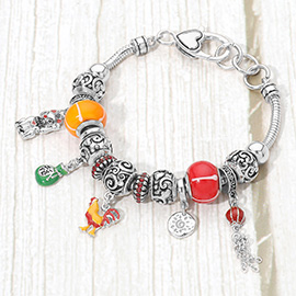 Cat Lucky Bag Rooster Sun Chain Charm Multi Bead Bracelet