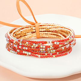 12PCS - Ribbon Colorful Rhinestone Layered Stretch Bracelets