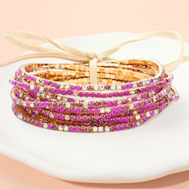 12PCS - Ribbon Colorful Rhinestone Layered Stretch Bracelets