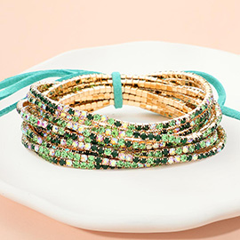 12PCS - Ribbon Colorful Rhinestone Layered Stretch Bracelets