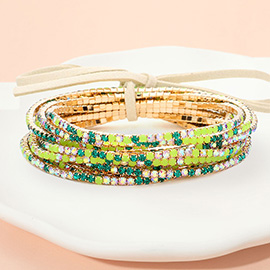 12PCS - Ribbon Colorful Rhinestone Layered Stretch Bracelets
