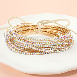 12PCS - Ribbon Colorful Rhinestone Layered Stretch Bracelets