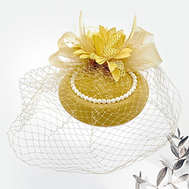 Flower Bead Feather Netting Pearl Accented Fascinator / Headband
