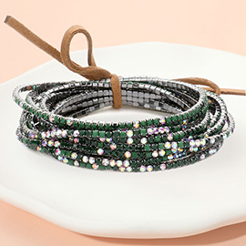 12PCS - Ribbon Colorful Rhinestone Layered Stretch Bracelets