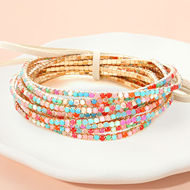 12PCS - Ribbon Colorful Rhinestone Layered Stretch Bracelets
