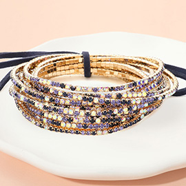 12PCS - Ribbon Colorful Rhinestone Layered Stretch Bracelets
