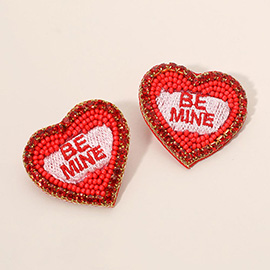 Felt Back BE MINE Message Embroidered Seed Bead Stone Embellished Earrings