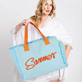 SUMMER Message Embroidered Fringe Canvas Tote Beach Bag
