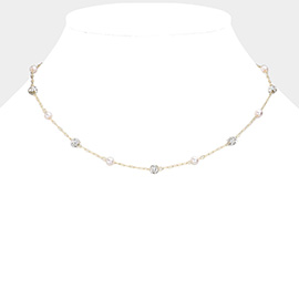 Pearl Shamballa Ball Station Necklace