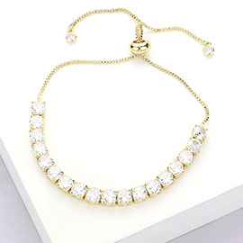 Stainless Steel Round CZ Stone Tennis Chain Pull Tie Adjustable Bracelet
