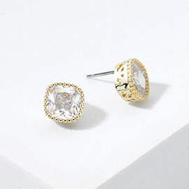 14K Gold Plated Square CZ Stone Stud Earrings
