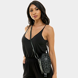 Faux Leather Spider Web Coffin Crossbody Bag