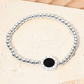 Roman Numeral Round Disc Pointed Stainless Steel Ball Beaded Stretch Bracelet