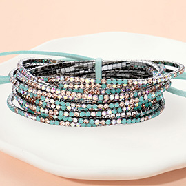 12PCS - Ribbon Colorful Rhinestone Layered Stretch Bracelets
