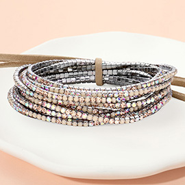 12PCS - Ribbon Colorful Rhinestone Layered Stretch Bracelets
