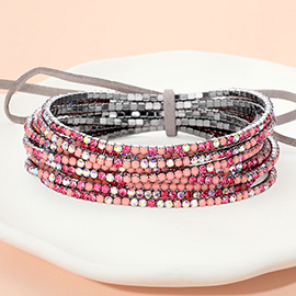 12PCS - Ribbon Colorful Rhinestone Layered Stretch Bracelets