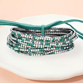 12PCS - Ribbon Colorful Rhinestone Layered Stretch Bracelets