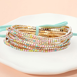 12PCS - Ribbon Colorful Rhinestone Layered Stretch Bracelets