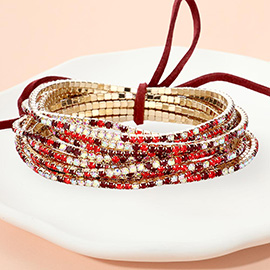 12PCS - Ribbon Colorful Rhinestone Layered Stretch Bracelets