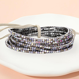 12PCS - Ribbon Colorful Rhinestone Layered Stretch Bracelets