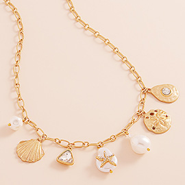 Metal Seashell Sand Dollar Pearl Starfish Charm Station Necklace