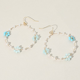 Flower Pearl Faceted Beaded Wire Round Dangle Earrings