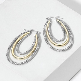 14K Gold Plated Two Tone Layered Oval Pin Catch Hoop Earrings