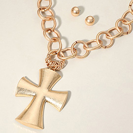 Chunky Matte Metal Cross Pendant Pointed Chain Necklace