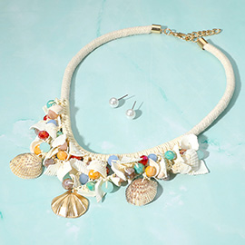 Boho Sea Shell Colorful Beads Charm Threaded Statement Necklace