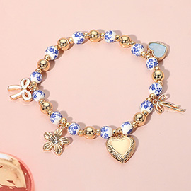Enamel Bow Metal Heart Flower Charm Ceramic Ball Beaded Stretch Bracelet