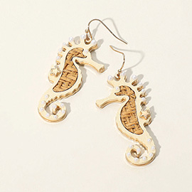 Pearl Pointed Raffia Woven Wood Seahorse Dangle Earrings