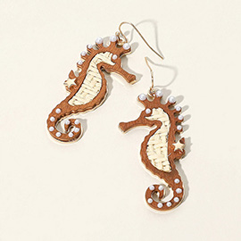 Pearl Pointed Raffia Woven Wood Seahorse Dangle Earrings