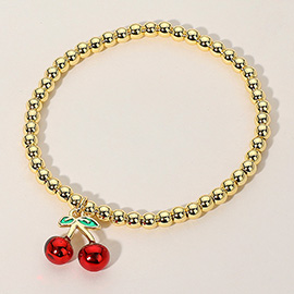 Stainless Steel Cherry Charm Beaded Stretch Bracelet
