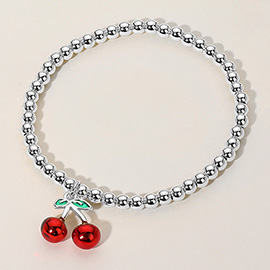 Stainless Steel Cherry Charm Beaded Stretch Bracelet