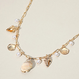 Metal Seashell Puka Shell Pearl Charm Station Paperclip Chain Necklace